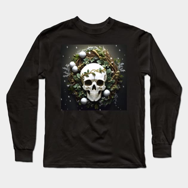 Spooky Season Greetings - Stable Diffusion Wreath Skull Long Sleeve T-Shirt by CursedContent